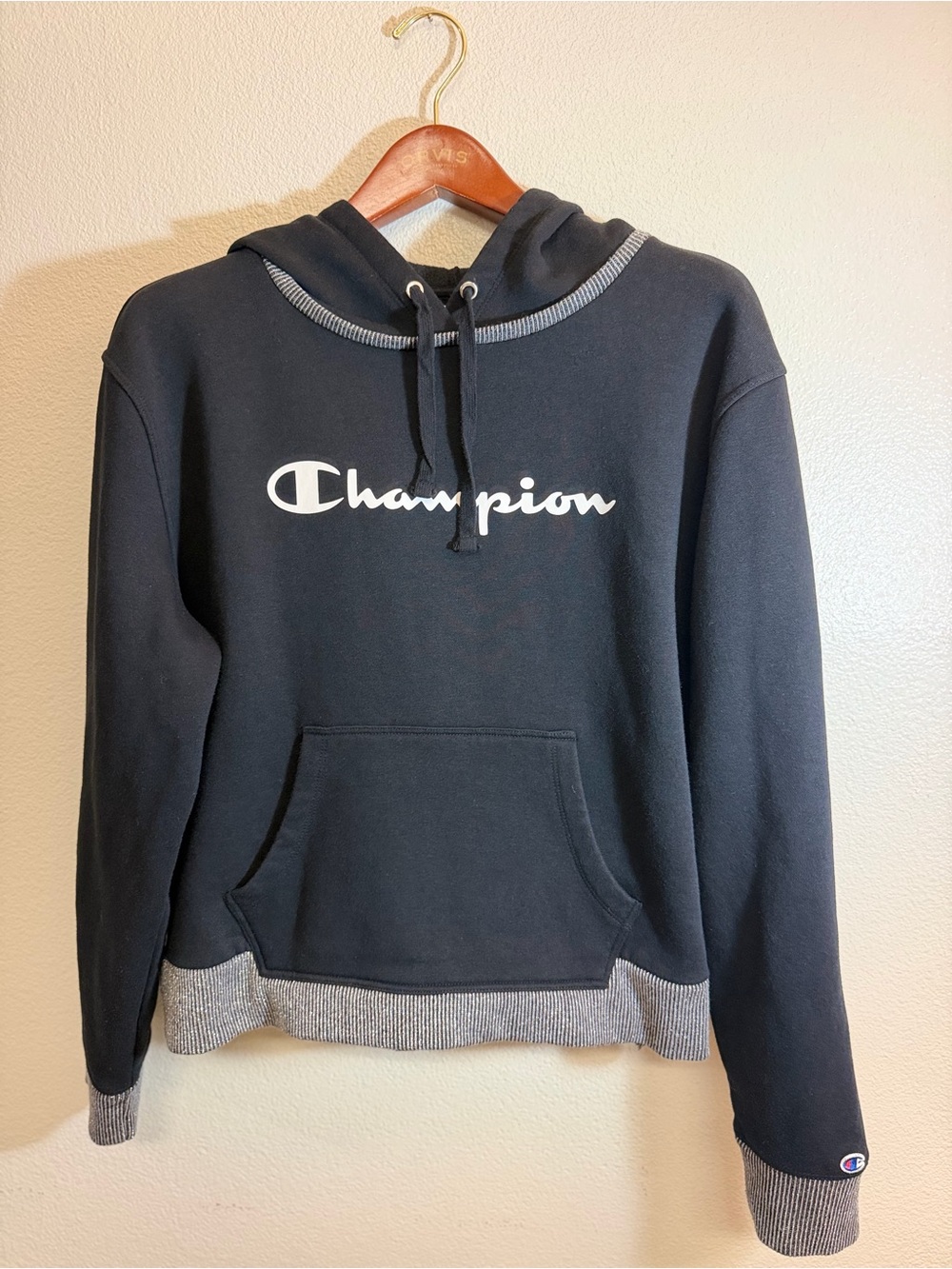 Champion Black Script Logo Pullover Hoodie XL Contrast Trim